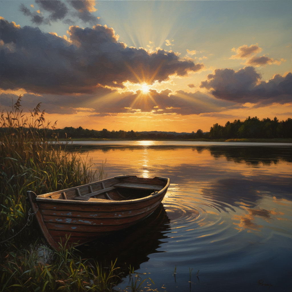 Student digital artwork of a calm boat landscape at sunset