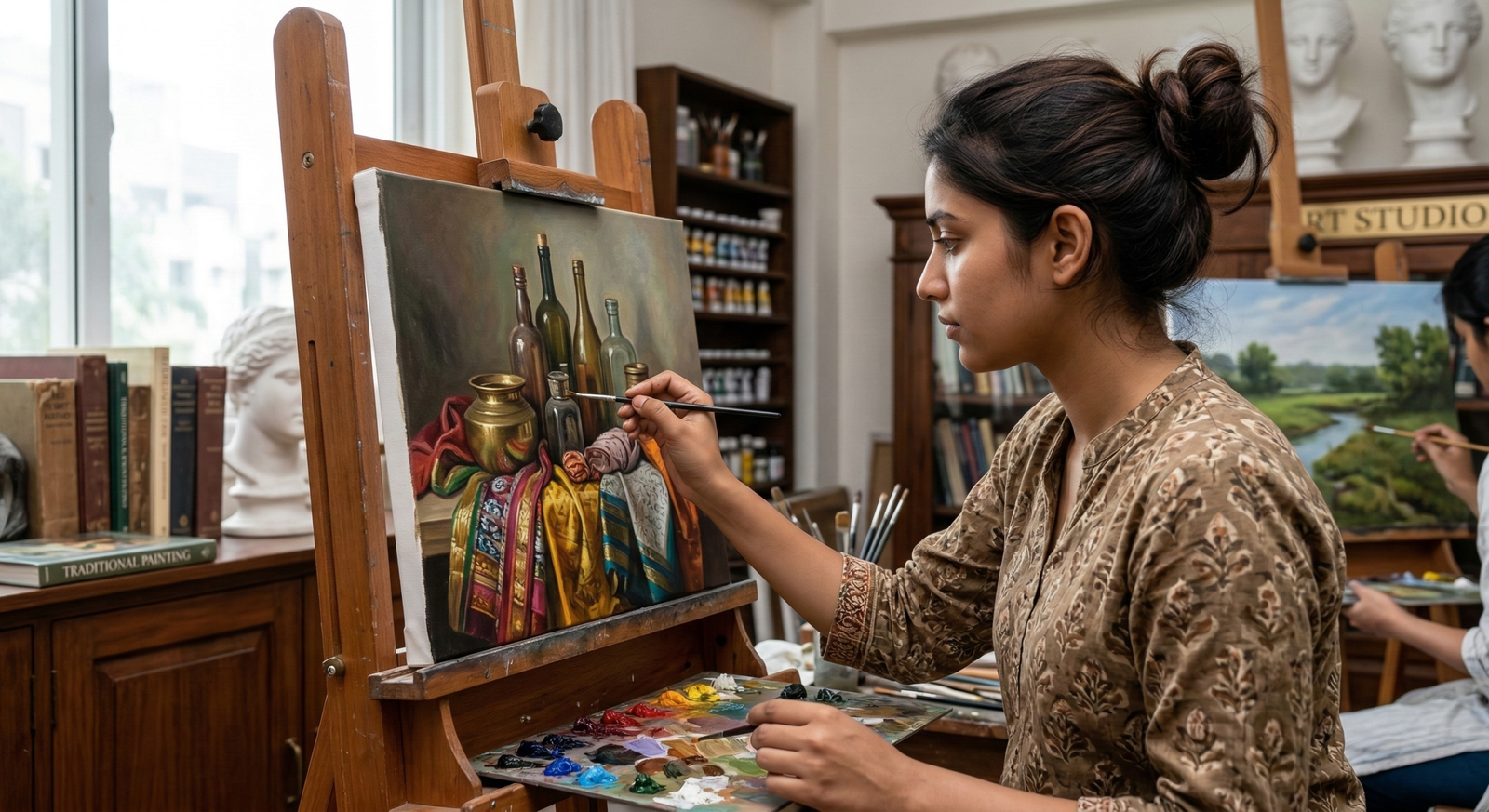 Student learning traditional drawing and painting in fine art class